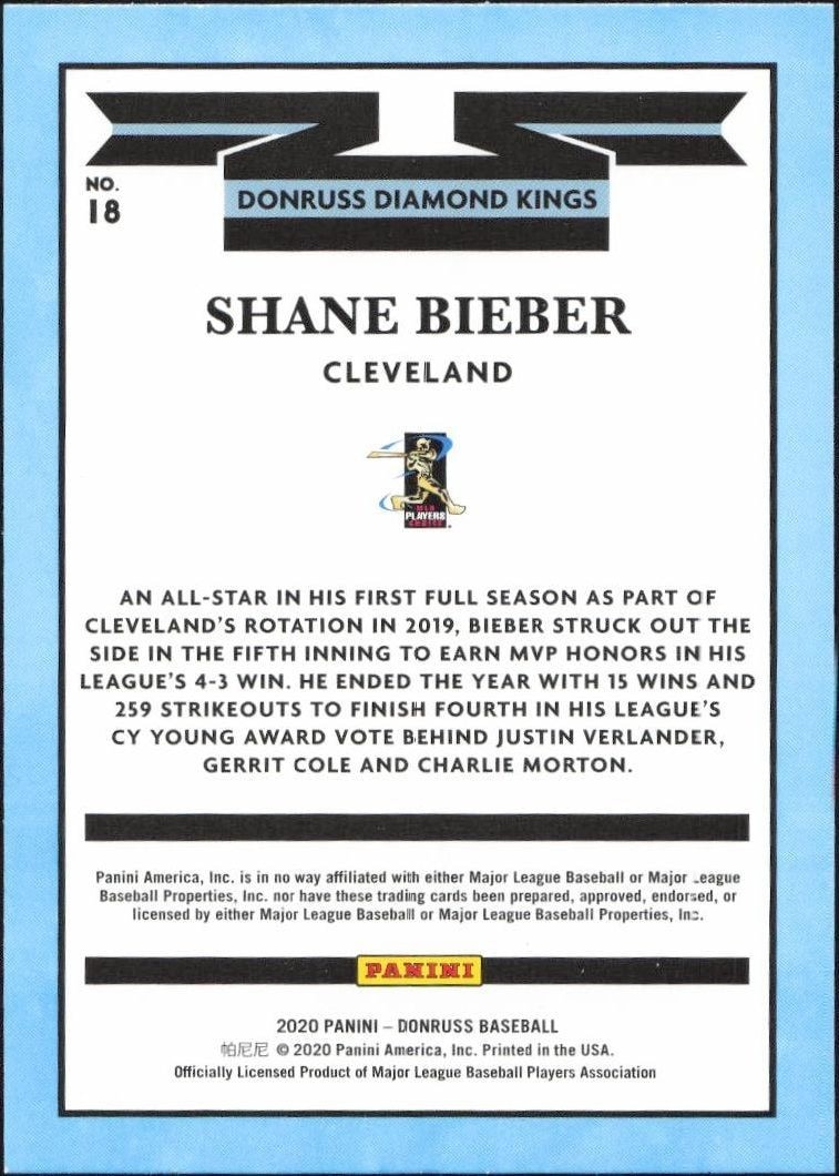 2020 Panini Donruss Shane Bieber #18 baseball trading card back