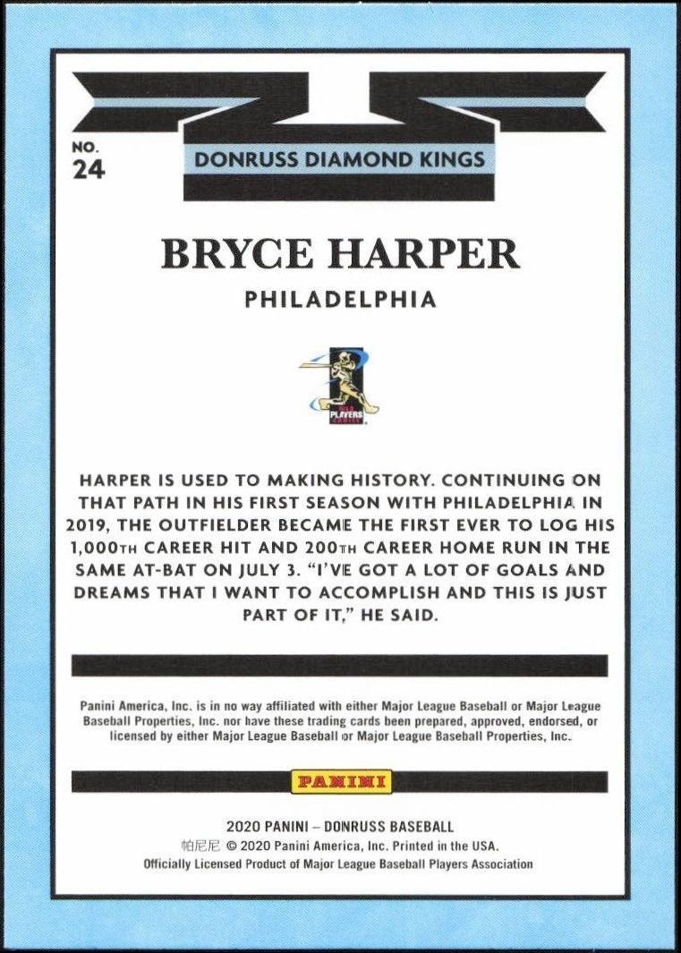 2020 Panini Donruss Bryce Harper #24 baseball trading card back