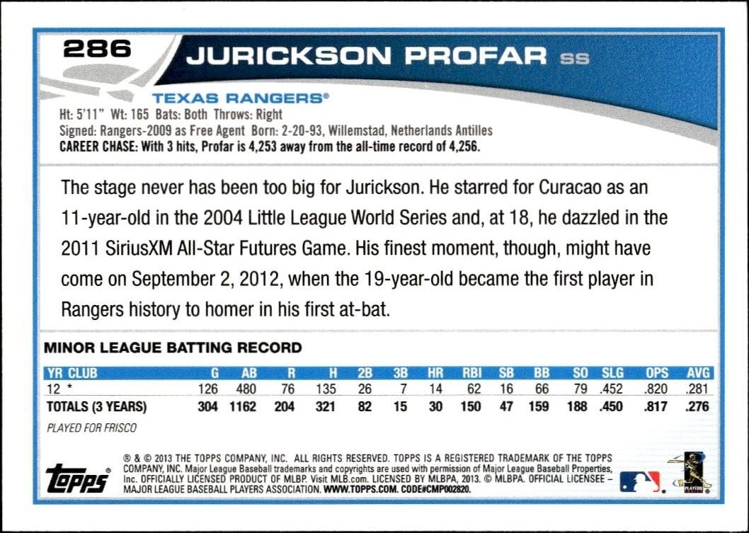 2013 Topps Jurickson Profar #286 baseball trading card back