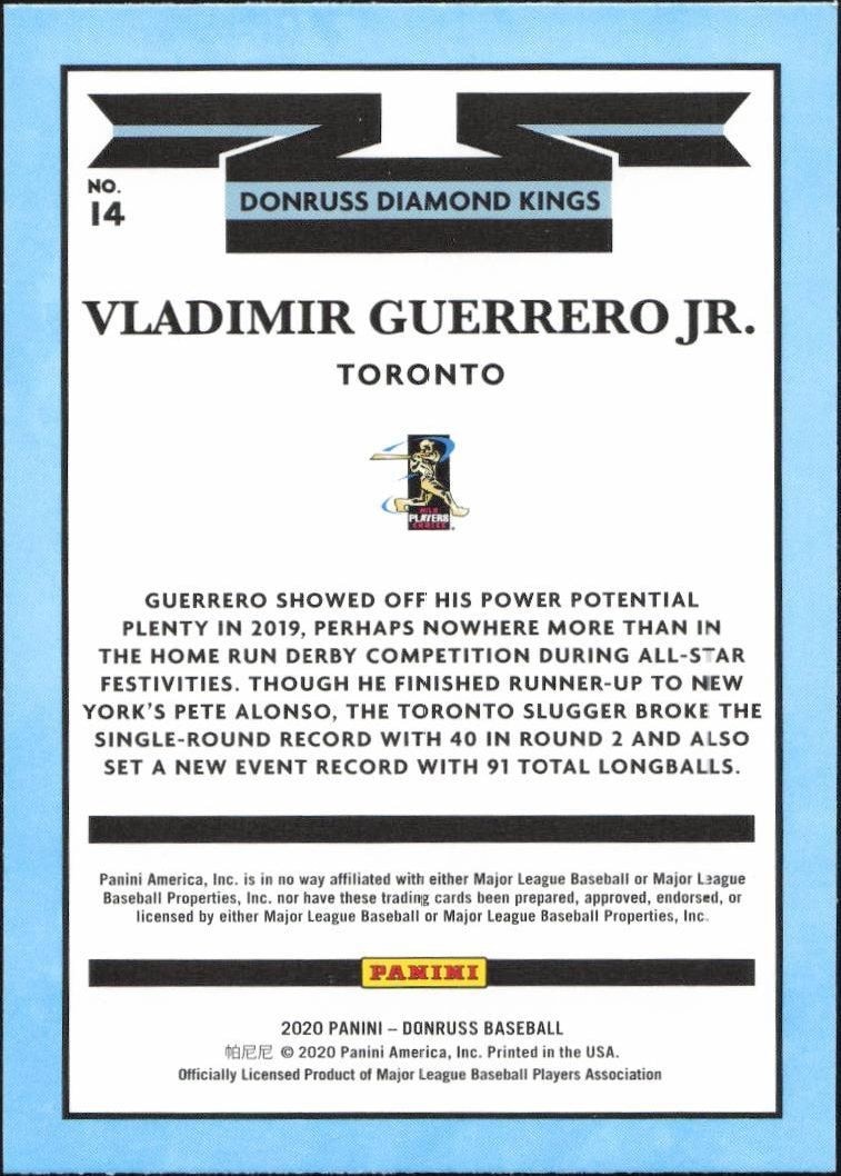 2020 Panini Donruss Vladimir Guerrero Jr. #14 baseball trading card back