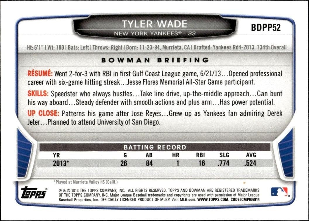 2013 Bowman Draft Picks & Prospects Tyler Wade #BDPP52 baseball trading card back