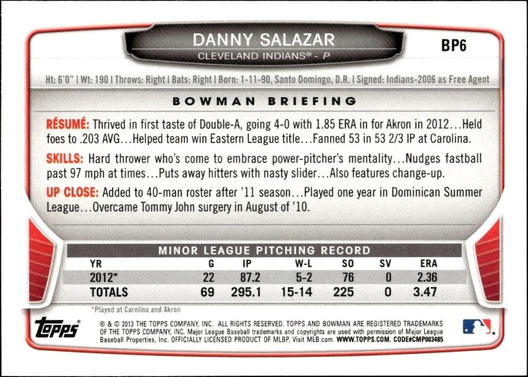 2013 Bowman Danny Salazar #BP6 baseball trading card back