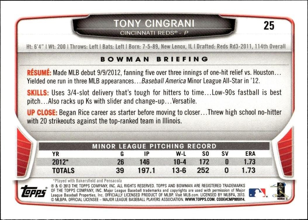 2013 Bowman Draft Picks & Prospects Tony Cingrani #25 baseball trading card back