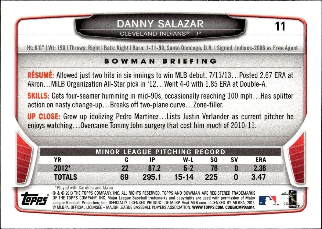 2013 Bowman Draft Picks & Prospects Danny Salazar #11 baseball trading card back