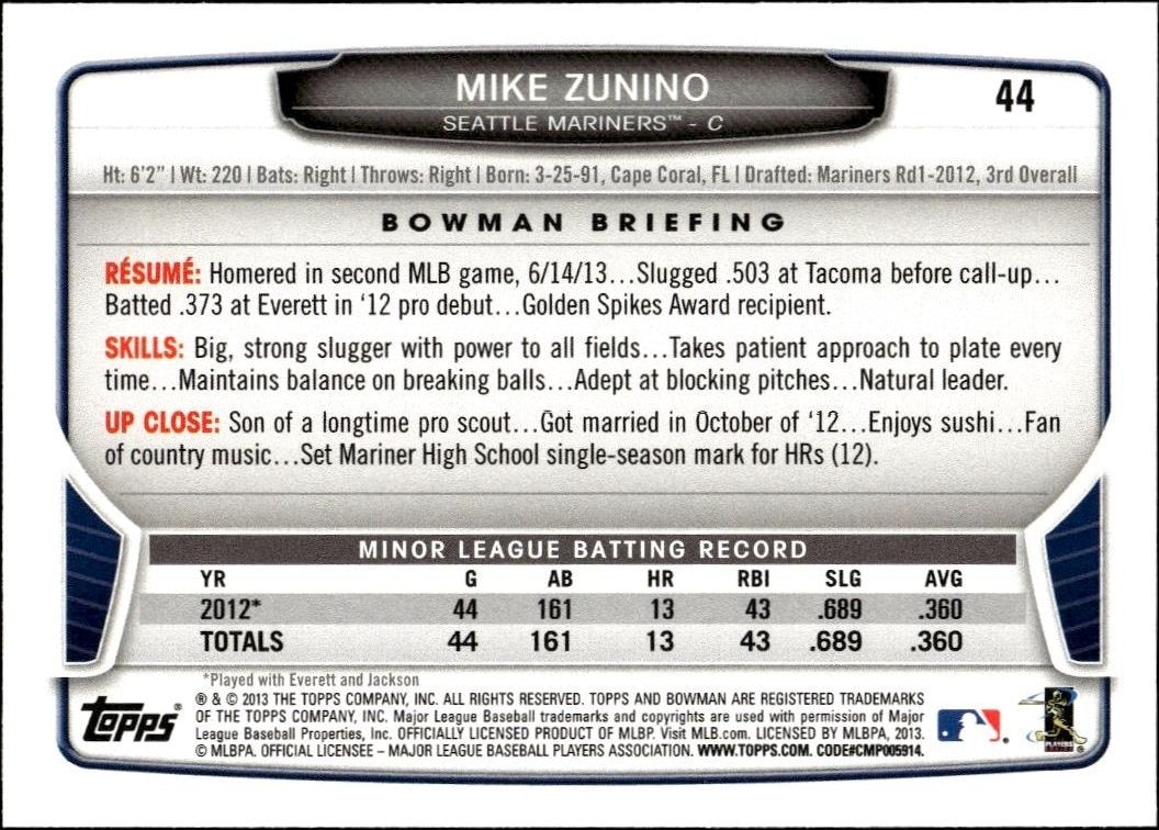 2013 Bowman Draft Picks & Prospects Mike Zunino #44 baseball trading card back