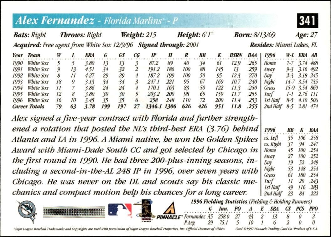 1997 Pinnacle Score Alex Fernandez #341 baseball trading card back
