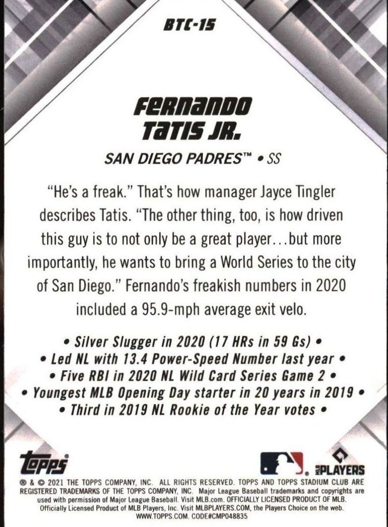 2021 Topps Stadium Club Chrome Fernando Tatis Jr. #BTC-15 baseball trading card back