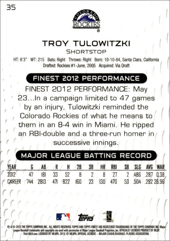 2013 Topps Finest Troy Tulowitzki #35 baseball trading card back