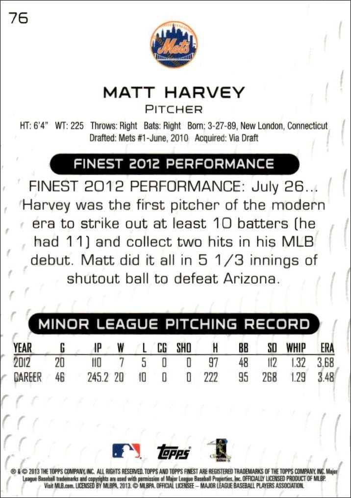 2013 Topps Finest Matt Harvey #76 baseball trading card back