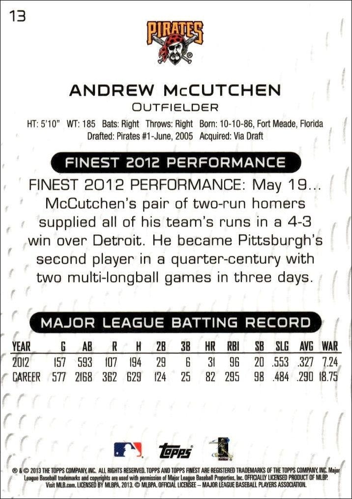 2013 Topps Finest Andrew McCutchen #13 baseball trading card back