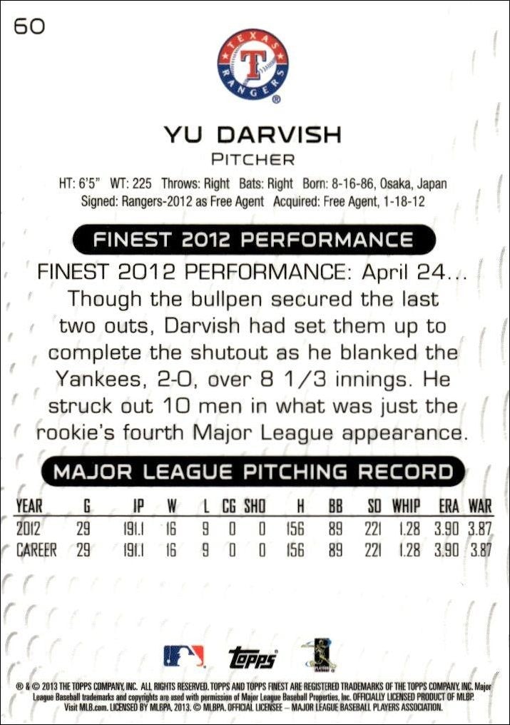 2013 Topps Finest Yu Darvish #60 baseball trading card back