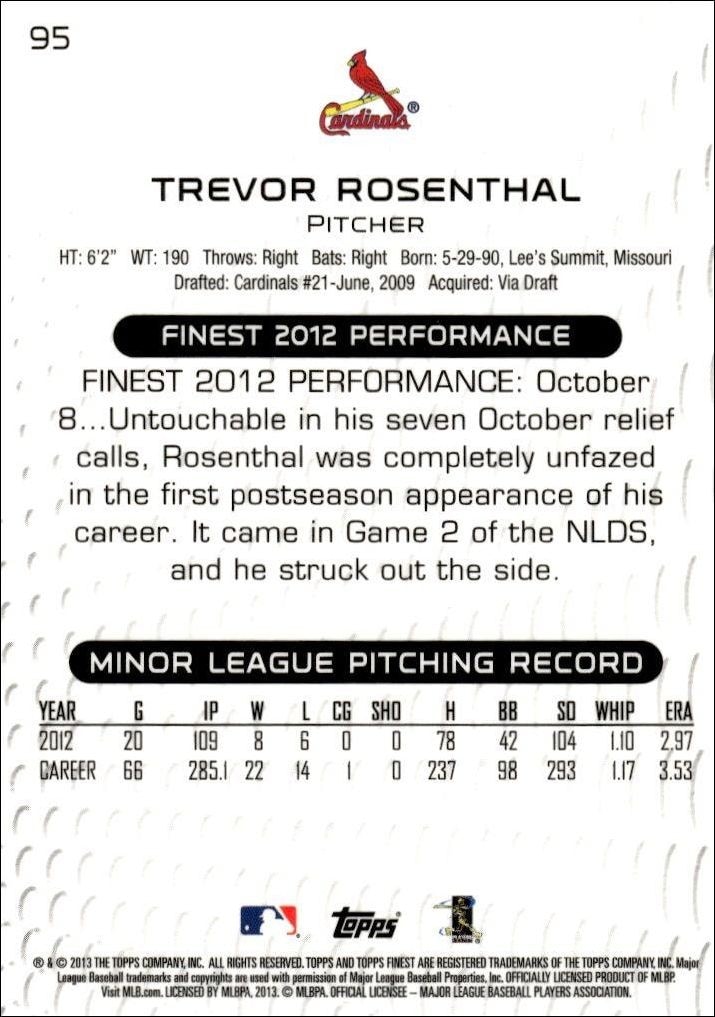 2013 Topps Finest Trevor Rosenthal #95 baseball trading card back