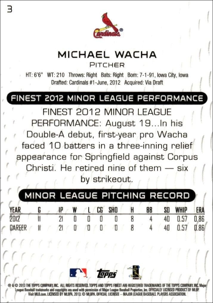 2013 Topps Finest Michael Wacha #3 baseball trading card back