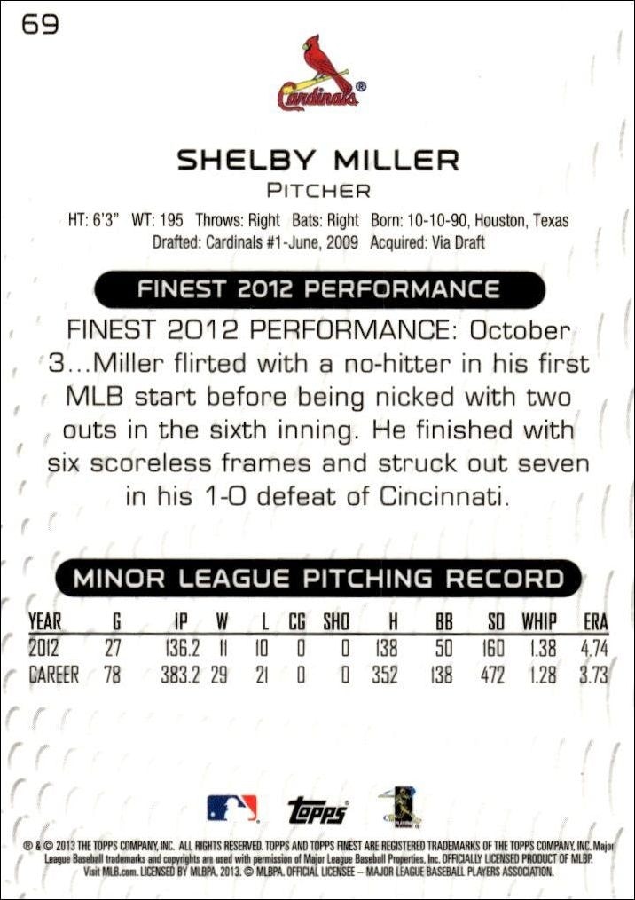 2013 Topps Finest Shelby Miller #69 baseball trading card back