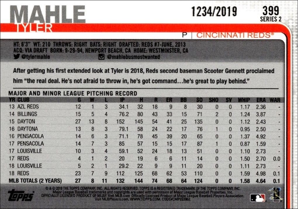 2019 Topps Series 2 Tyler Mahle #399 baseball trading card back