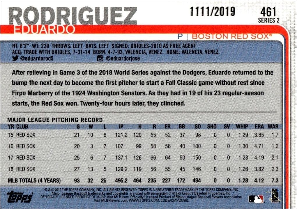 2019 Topps Series 2 Eduardo Rodriguez #461 baseball trading card back