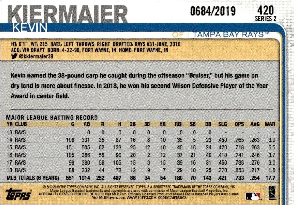 2019 Topps Series 2 Kevin Kiermaier #420 baseball trading card back