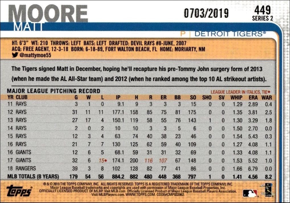 2019 Topps Series 2 Matt Moore #449 baseball trading card back