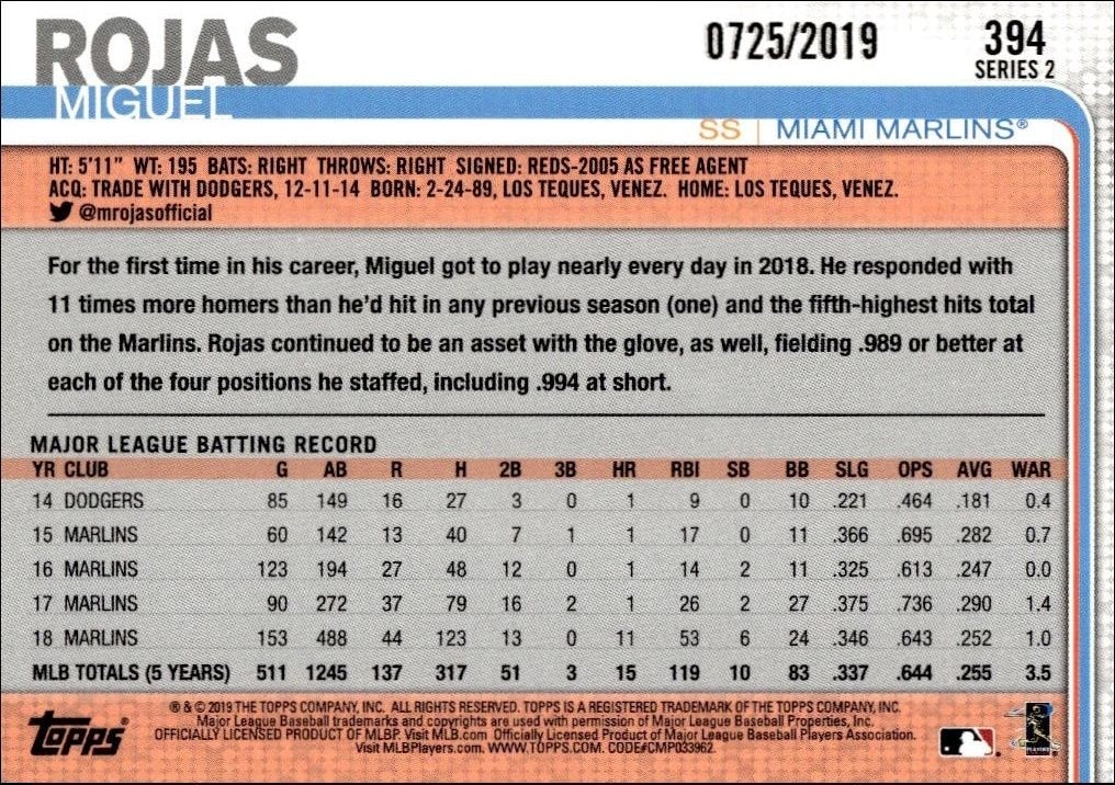 2019 Topps Series 2 Miguel Rojas #394 baseball trading card back