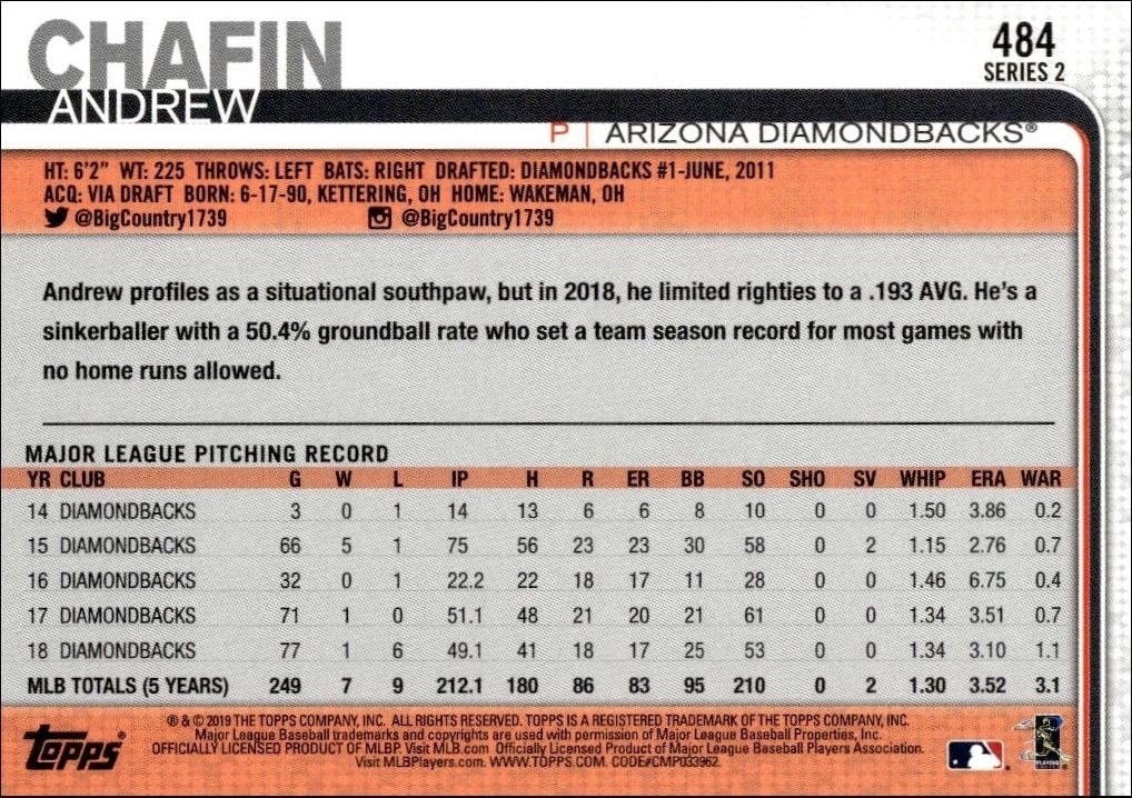 2019 Topps Series 2 Andrew Chafin #484 baseball trading card back