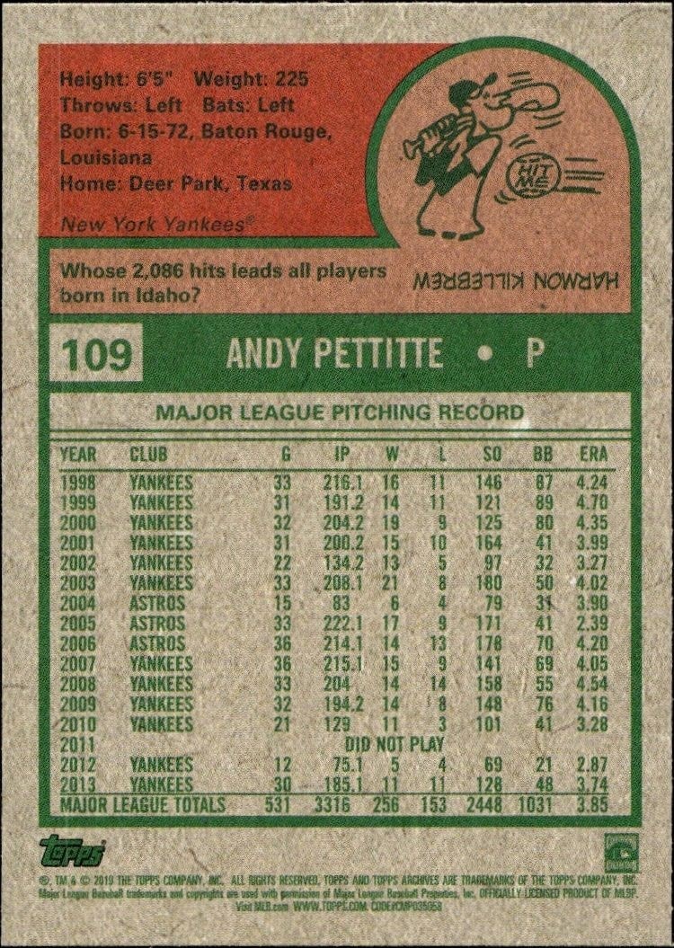 2019 Topps Archives Andy Pettitte #109 baseball trading card back