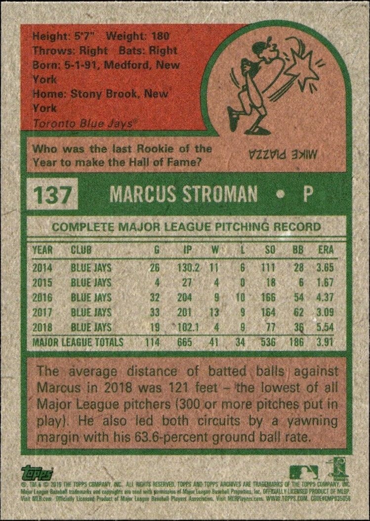 2019 Topps Archives Marcus Stroman #137 baseball trading card back