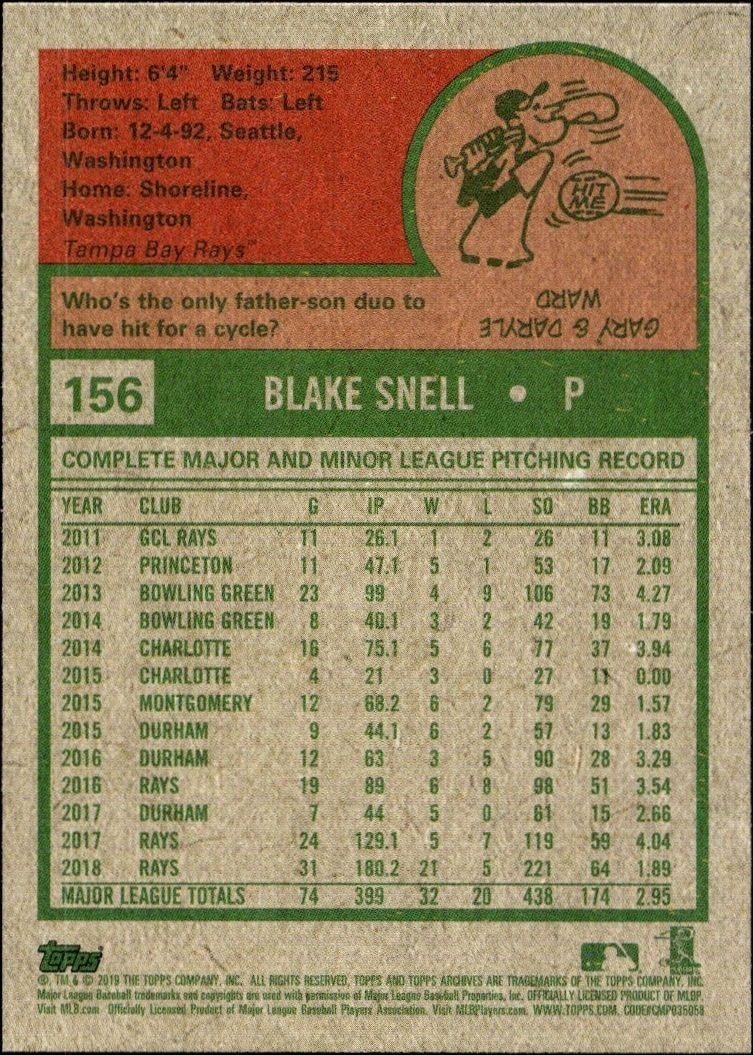 2019 Topps Archives Blake Snell #156 baseball trading card back
