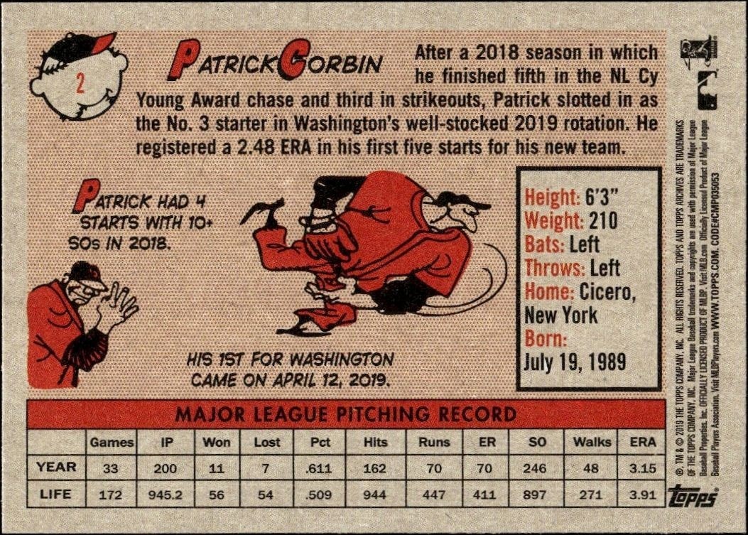 2019 Topps Archives Patrick Corbin #2 baseball trading card back
