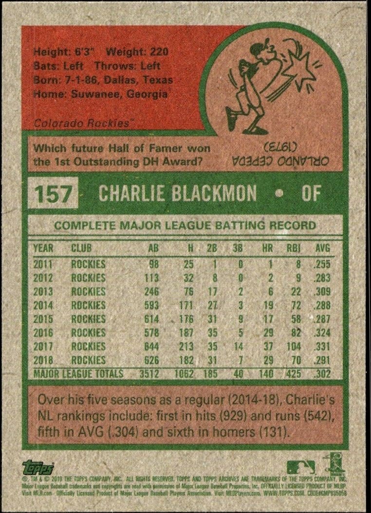 2019 Topps Archives Charlie Blackmon #157 baseball trading card back