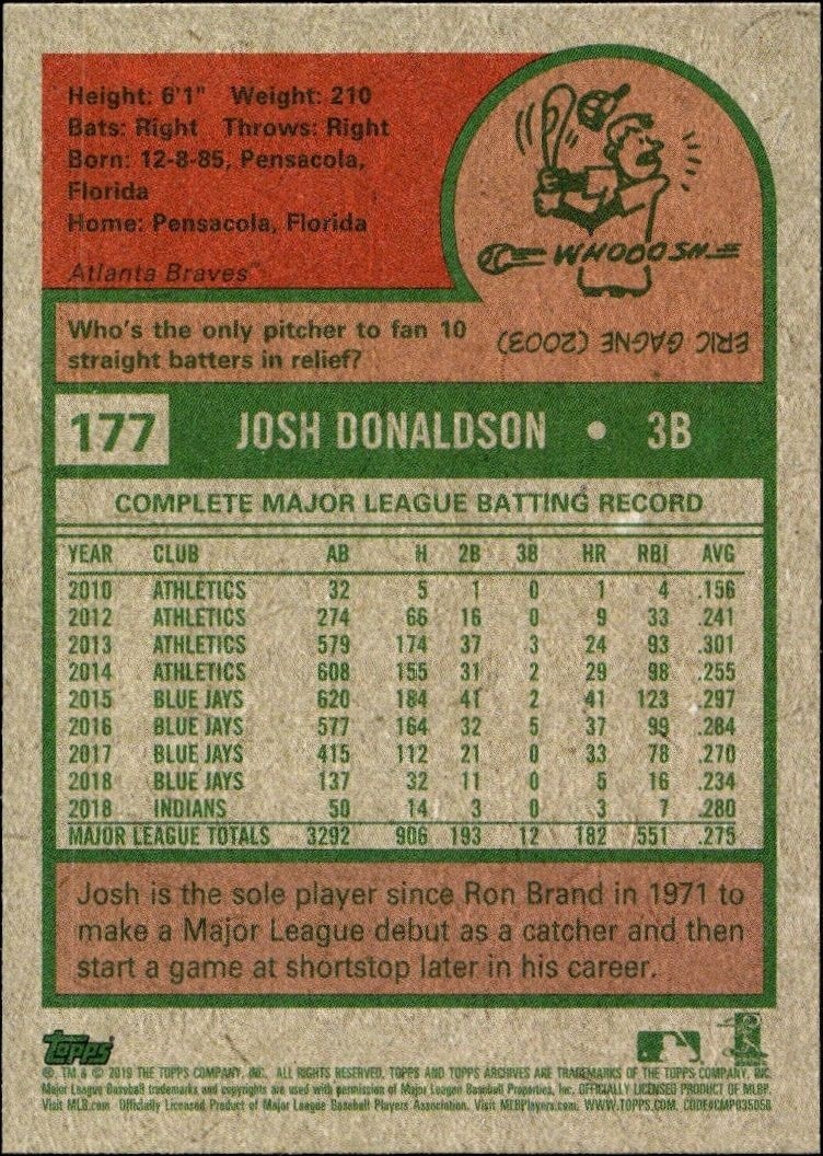 2019 Topps Archives Josh Donaldson #177 baseball trading card back