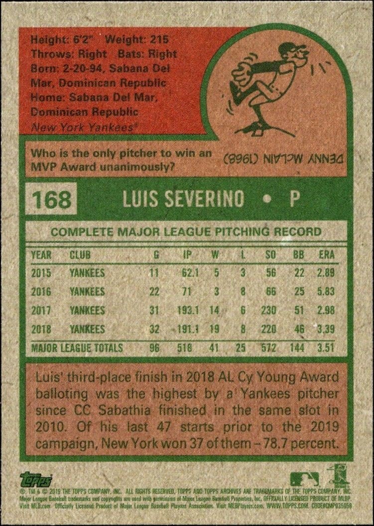 2019 Topps Archives Luis Severino #168 baseball trading card back