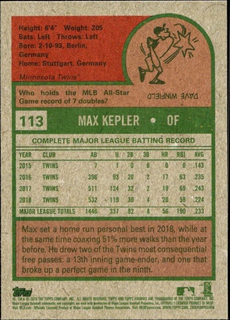 2019 Topps Archives Max Kepler #113 baseball trading card back