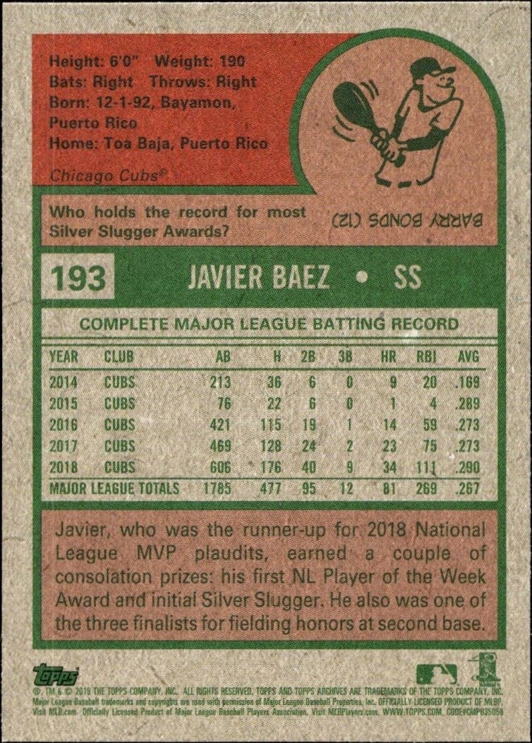 2019 Topps Archives Javier Baez #193 baseball trading card back