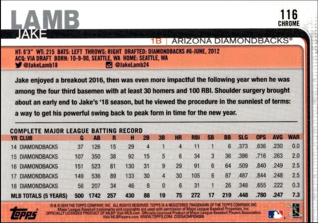 2019 Topps Chrome Jake Lamb #116 baseball trading card back