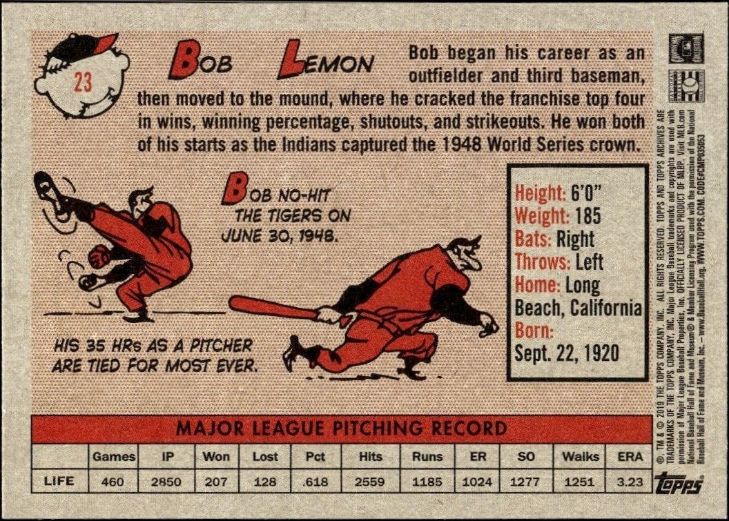 2019 Topps Archives Bob Lemon #23 baseball trading card back