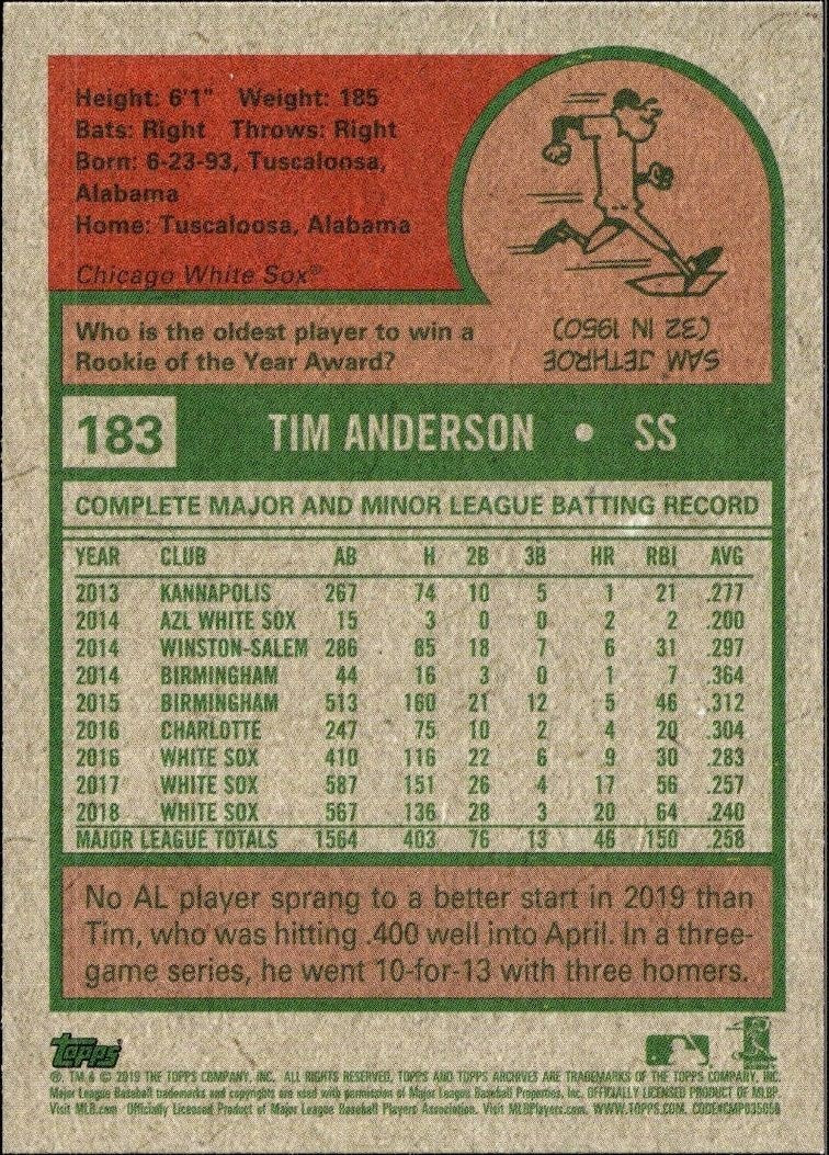 2019 Topps Archives Tim Anderson #183 baseball trading card back