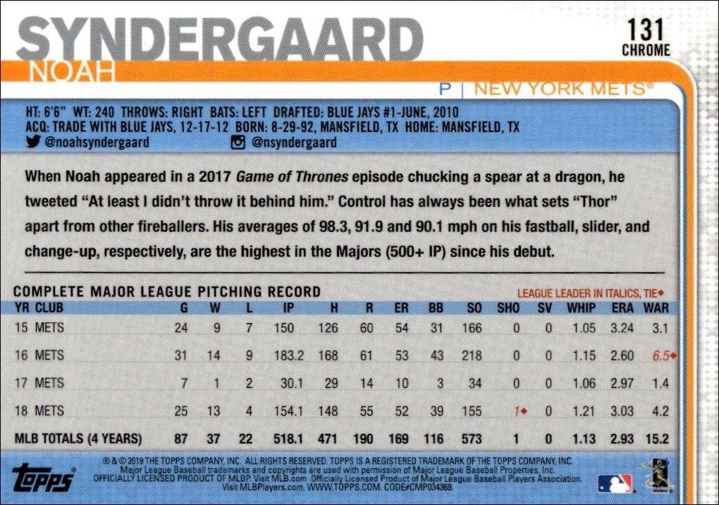 2019 Topps Chrome Noah Syndergaard #126 baseball trading card back