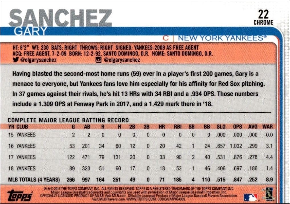 2019 Topps Chrome Gary Sanchez #353 baseball trading card back