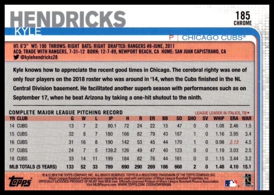 2019 Topps Chrome Kyle Hendricks #185 baseball trading card back