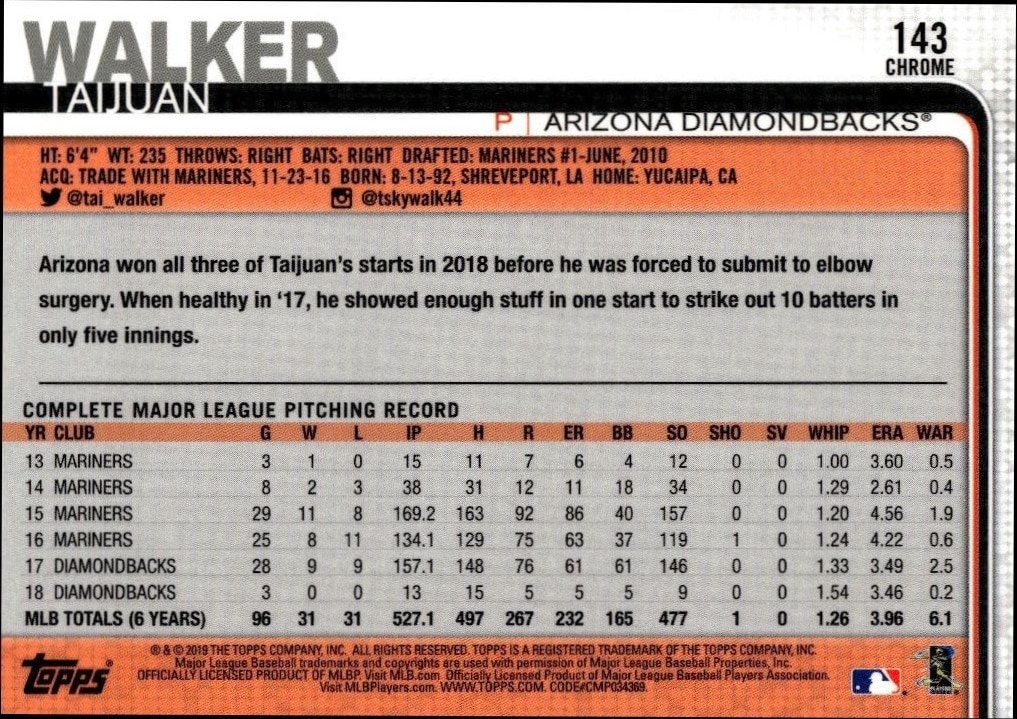 2019 Topps Chrome Taijuan Walker #143 baseball trading card back