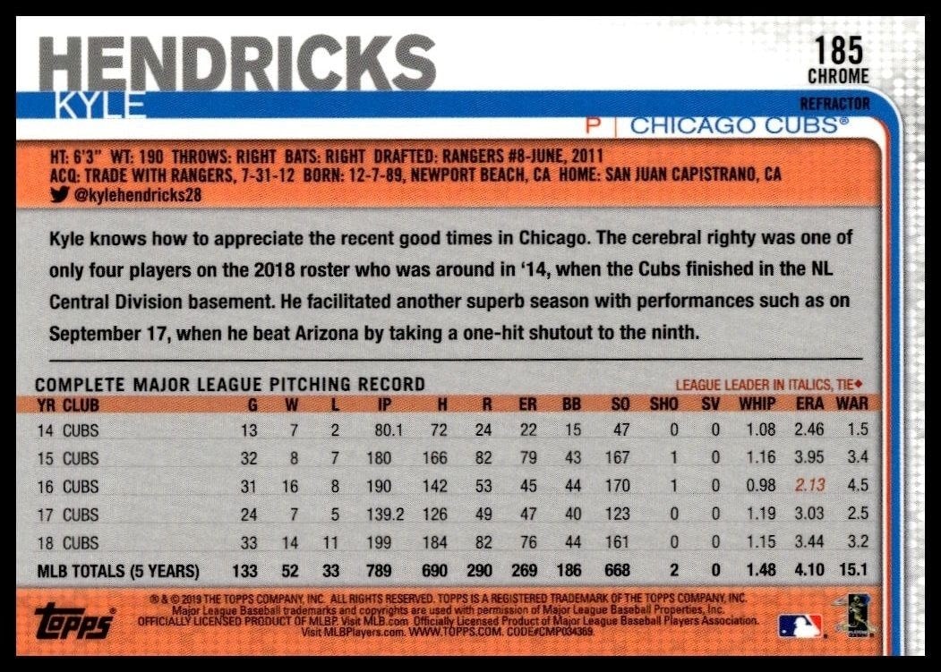 2019 Topps Chrome Kyle Hendricks #171 baseball trading card back