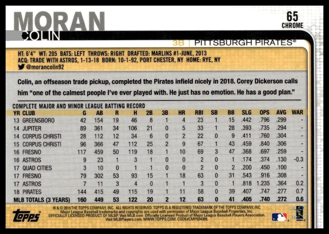 2019 Topps Chrome Colin Moran #65 baseball trading card back
