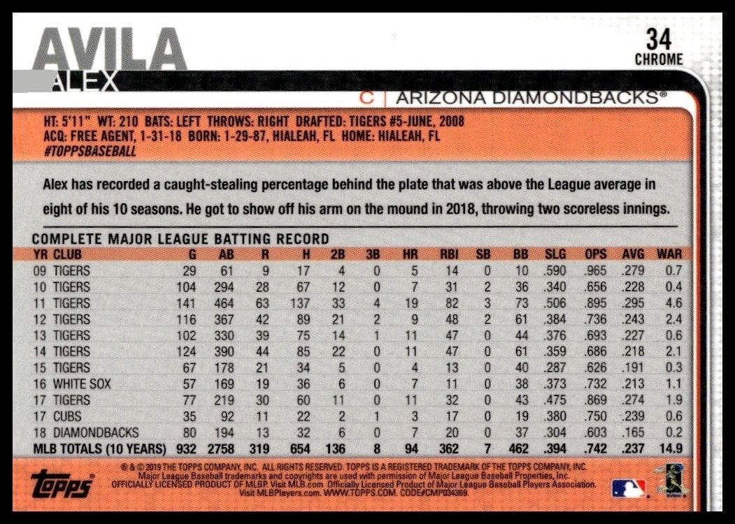 2019 Topps Chrome Alex Avila #458 baseball trading card back