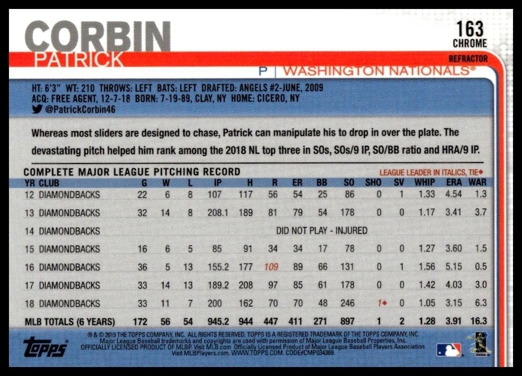 2019 Topps Chrome Patrick Corbin #163 baseball trading card back