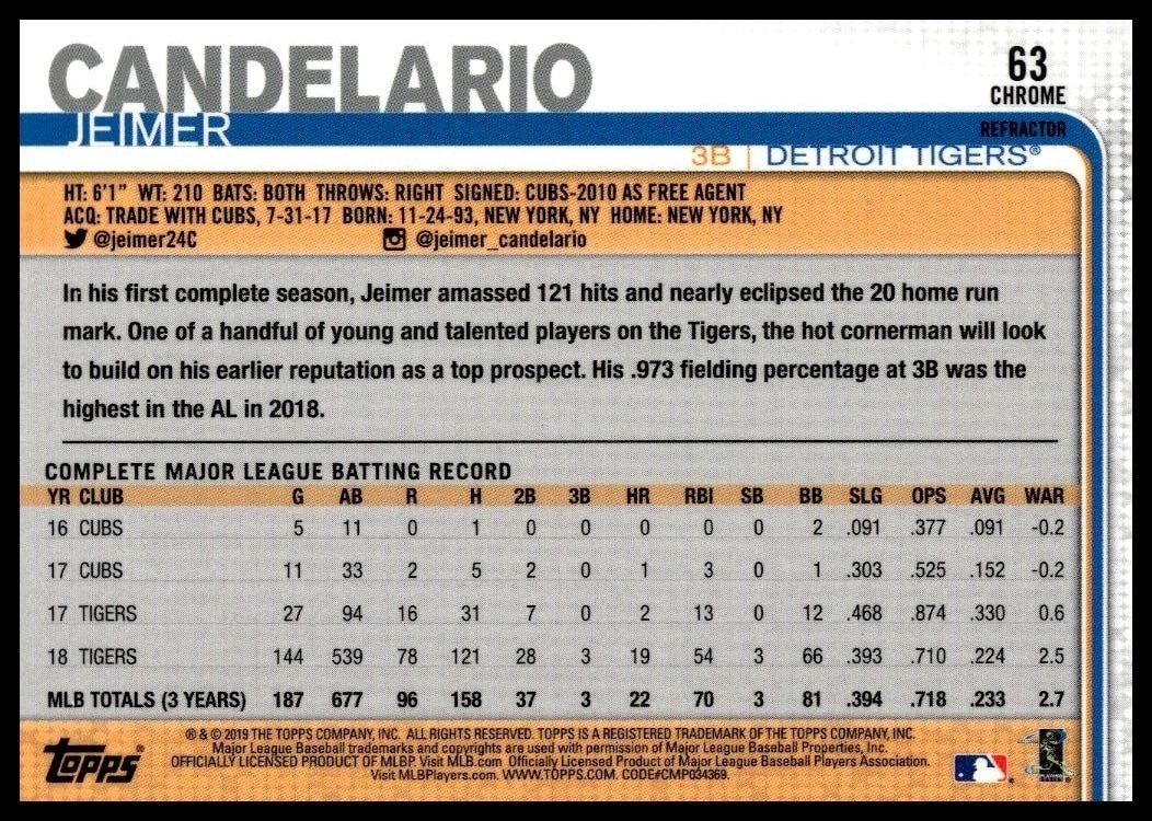 2019 Topps Chrome Jeimer Candelario #211 baseball trading card back
