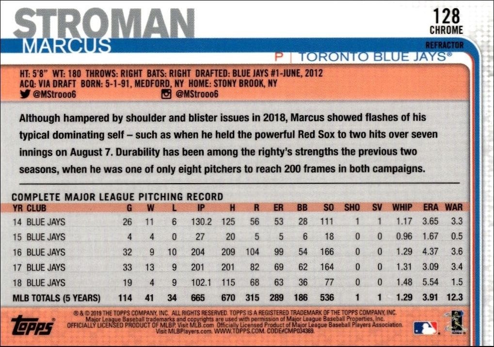 2019 Topps Chrome Marcus Stroman #128 baseball trading card back