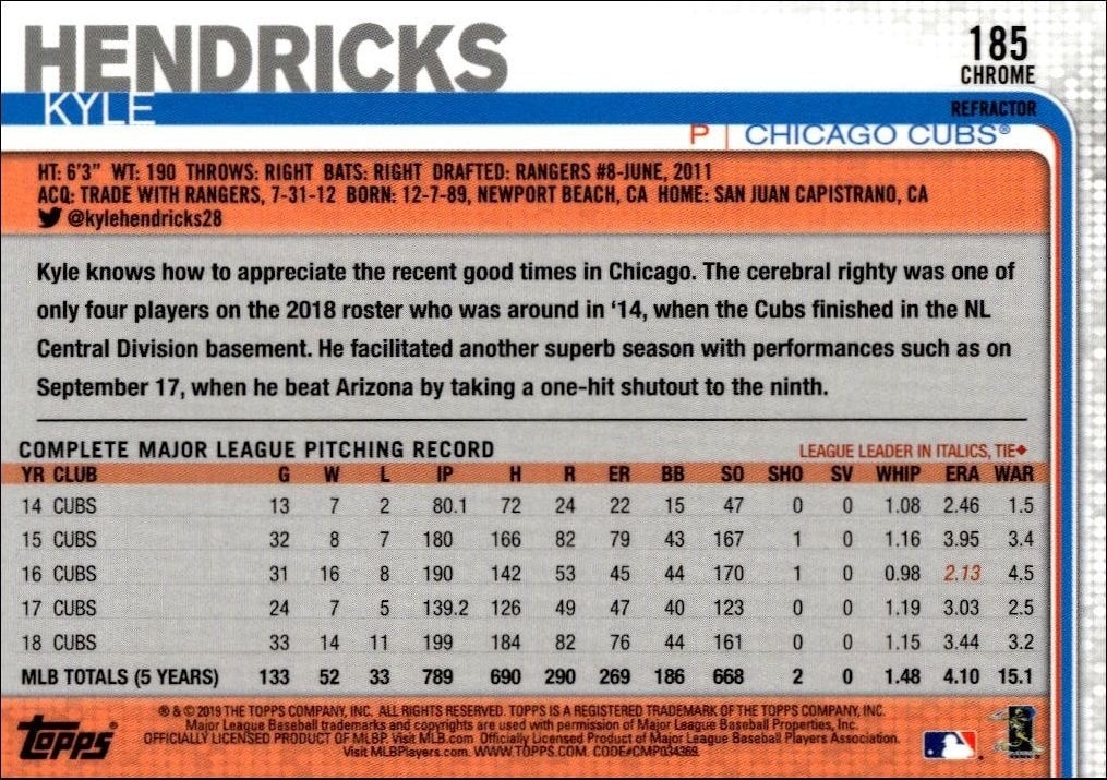 2019 Topps Chrome Kyle Hendricks #185 baseball trading card back