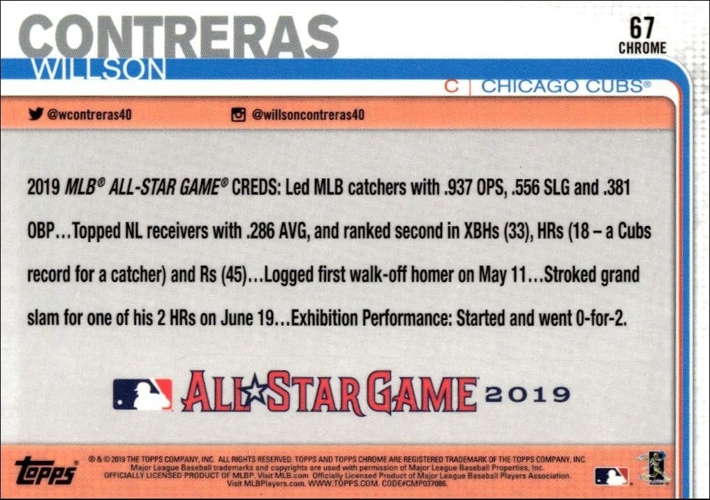 2019 Topps Chrome Willson Contreras #67 baseball trading card back