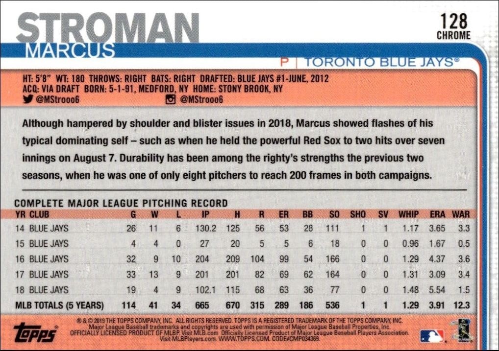 2019 Topps Chrome Marcus Stroman #37 baseball trading card back