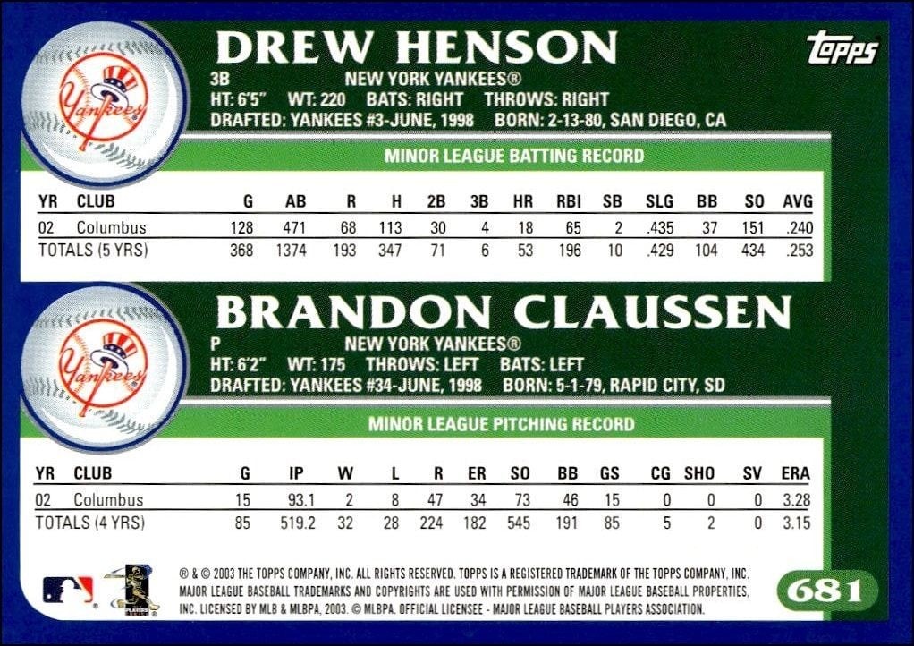 2003 Topps Drew Henson #681 baseball trading card back